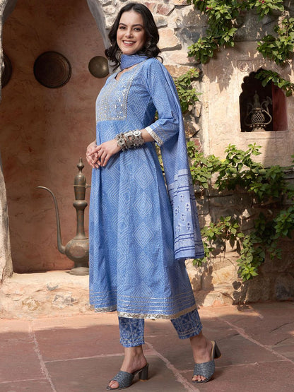 Dhiyona SN Women's Blue Bandhani Printed V Neck Pure Cotton Anarkali Kurta With Trouser And Dupatta