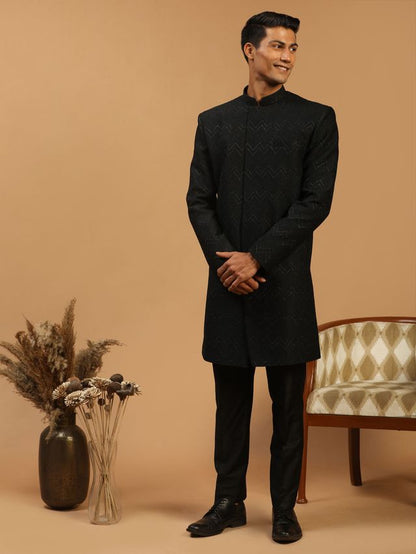 Men's Black Silk Blend Regular Sherwani Set