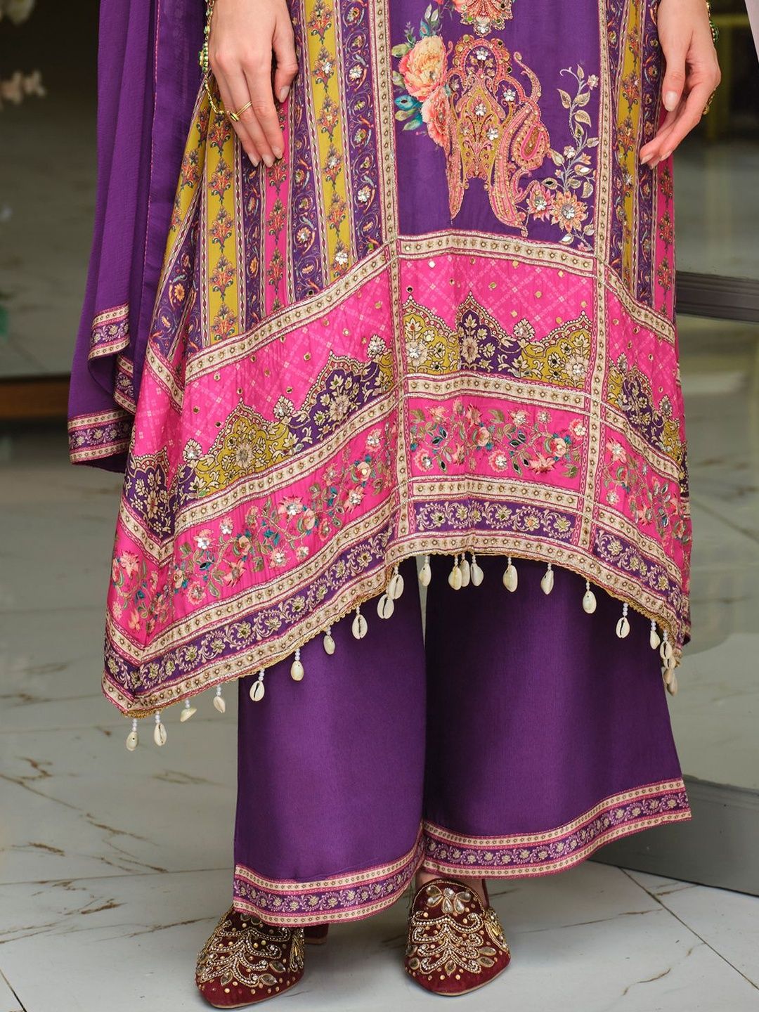 Ethnic Motifs Printed Regular Mirror Work A-Line Kurta With Palazzos & Dupatta