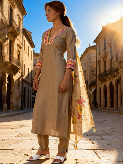 Women Floral Embroidered Regular Thread Work Raw Silk Kurta with Trousers & With Dupatta