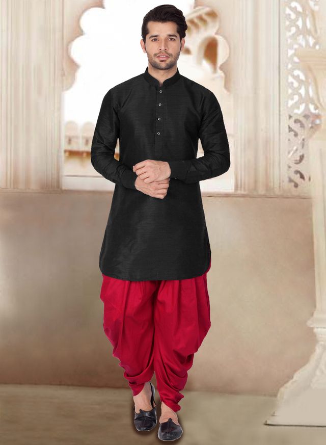 Men's Black Silk Blend Pathani Kurta and Dhoti Set