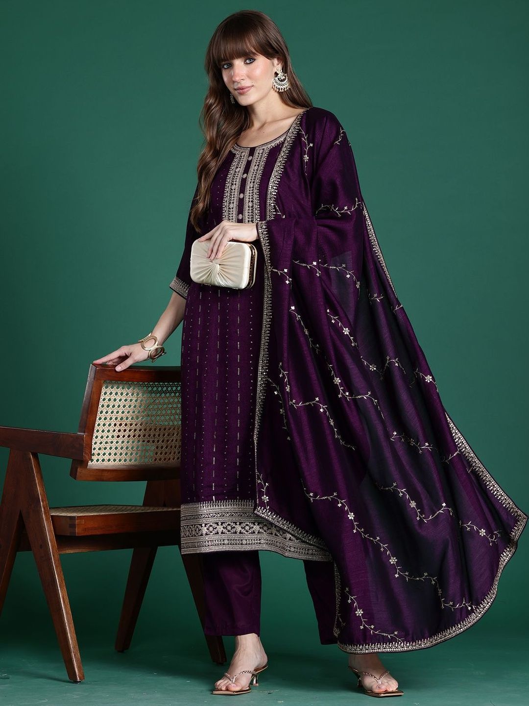 Women Ethnic Motifs Embroidered Regular Sequinned Kurta with Trousers & With Dupatta