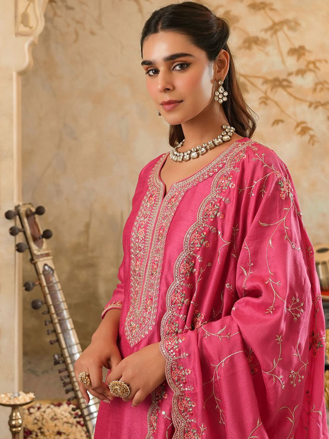 Dhiyona IE Women Woven Design Embroidered Kurta with Trousers & Dupatta