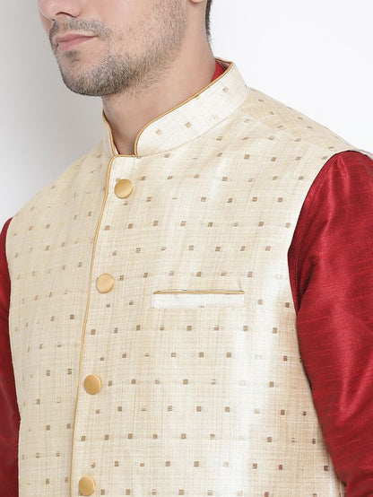 Men's Maroon Silk Blend Straight Jacket  Kurta and Dhoti Set