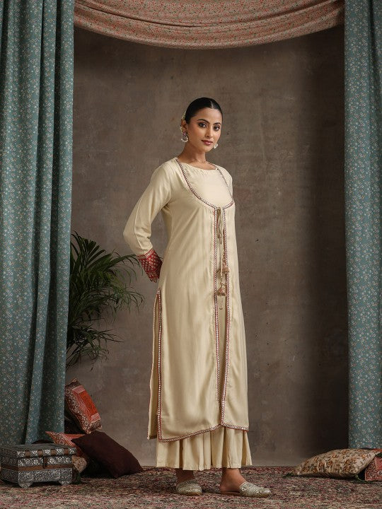 Women's Geometric Embroidered Mirror Work A-Line Kurta With Sharara & Dupatta