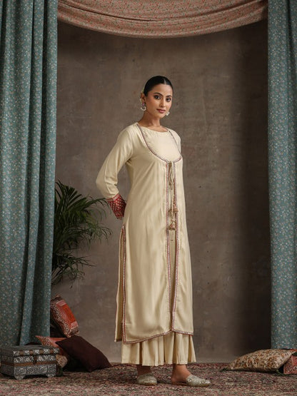 Women's Geometric Embroidered Mirror Work A-Line Kurta With Sharara & Dupatta