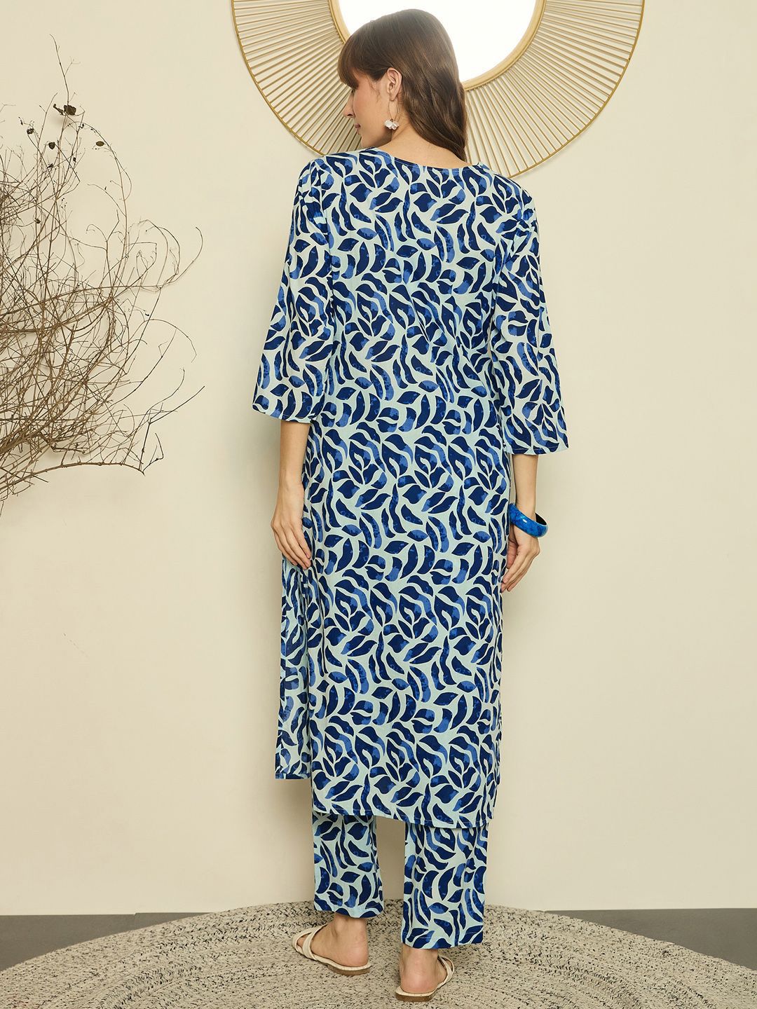 Floral Printed V-Neck Sequinned Pure Cotton Kurta With Trousers