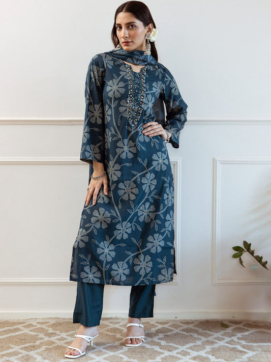 Dhiyona SN Women's Floral Printed Notch Neck Mirror Work Modal Muslin Kurta & Trousers With Dupatta