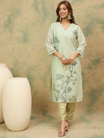 Dhiyona VA Women'sFloral Printed V-Neck Chanderi Silk Kurta With Trousers & Dupatta