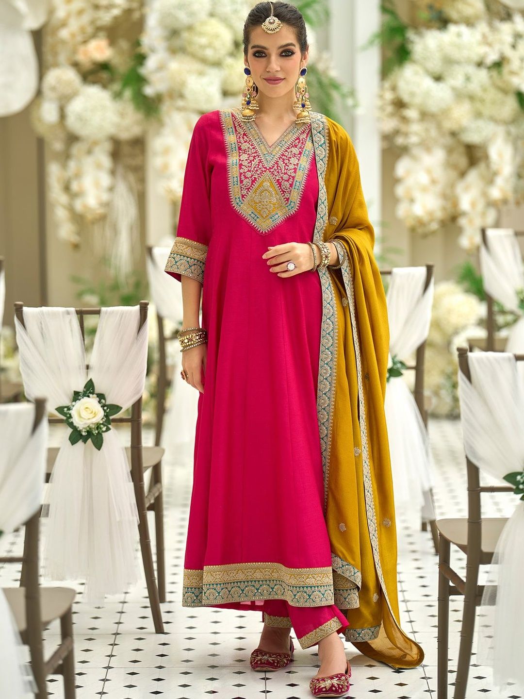 Women Ethnic Motifs Embroidered Anarkali Kurta with Trousers & Dupatta