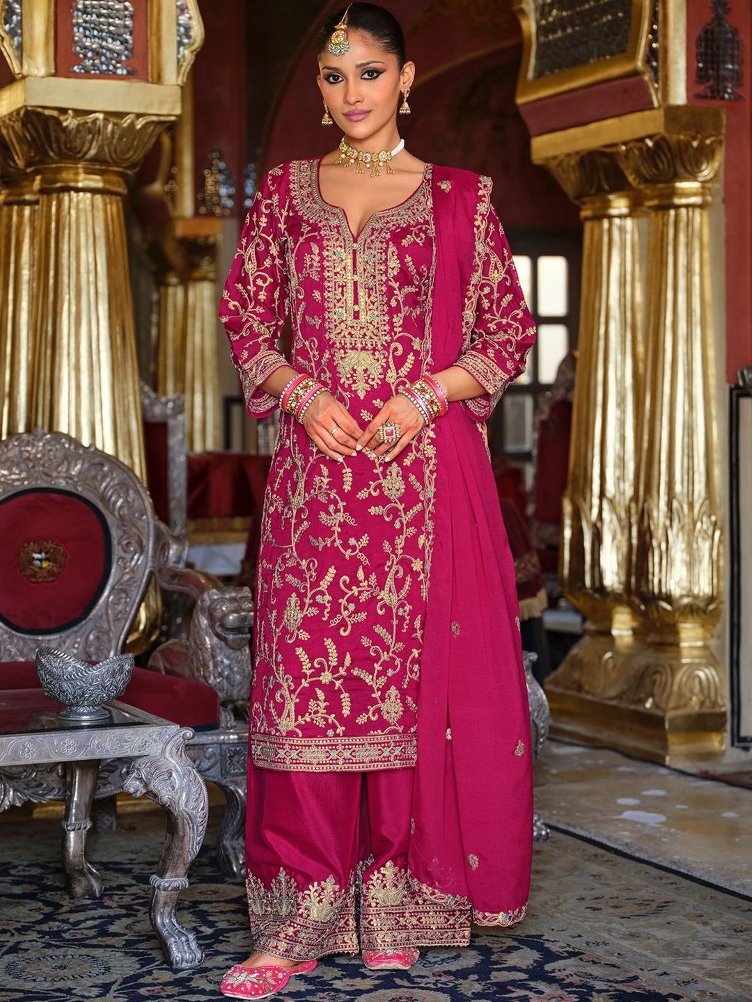Ethnic Motifs Embroidered Zari V-Neck Straight Kurta & Palazzos With Dupatta