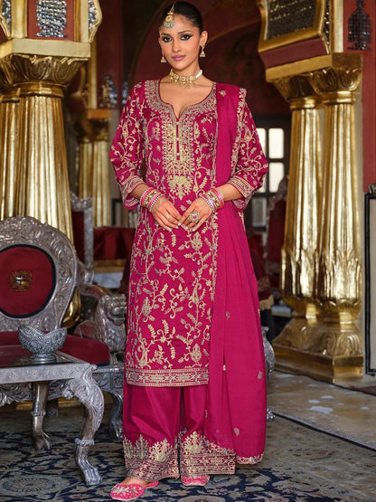 Ethnic Motifs Embroidered Zari V-Neck Straight Kurta & Palazzos With Dupatta
