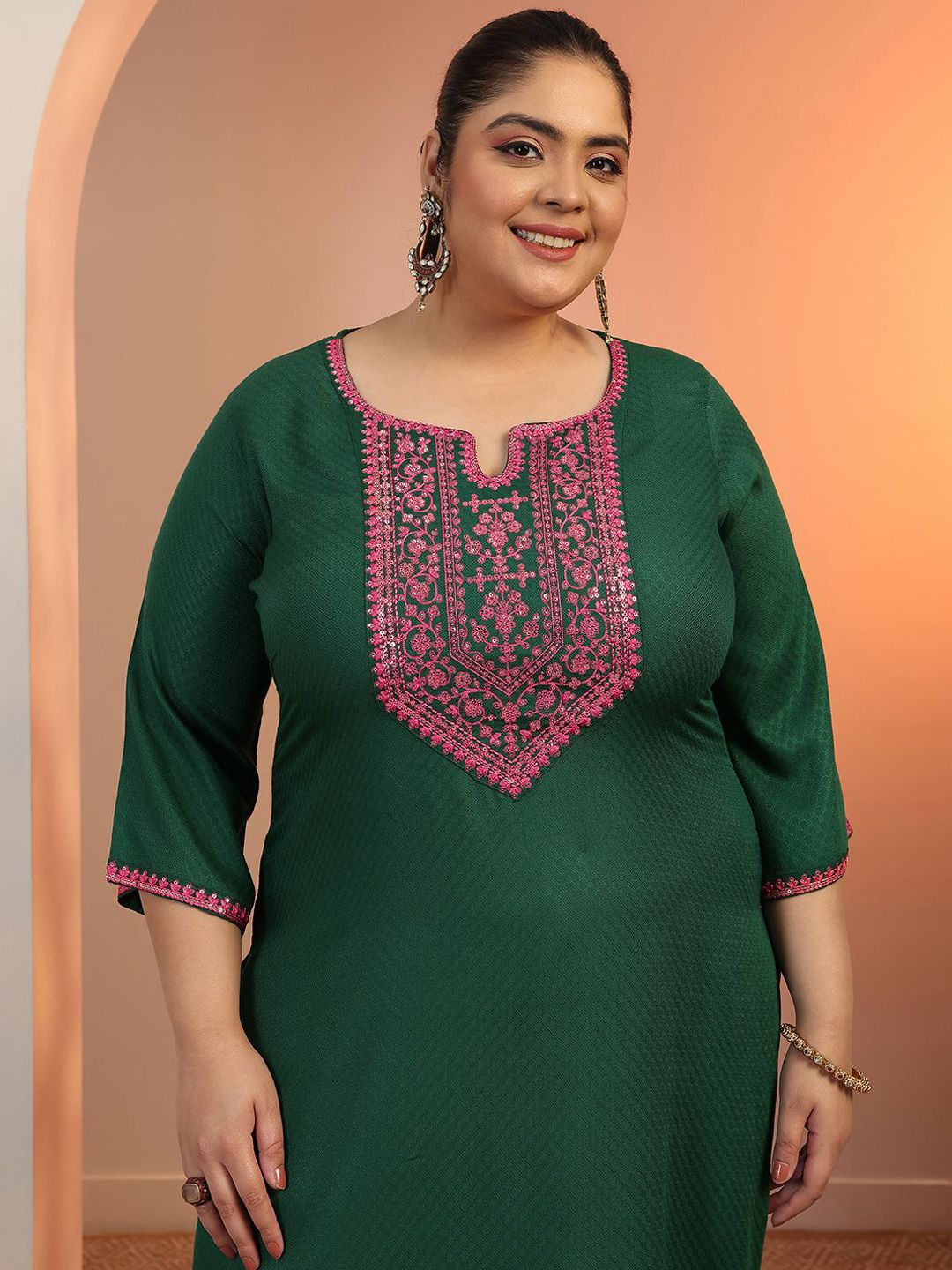 Dhiyona Women's Plus Size Ethnic Motifs Embroidered Kurta with Trousers & Dupatta