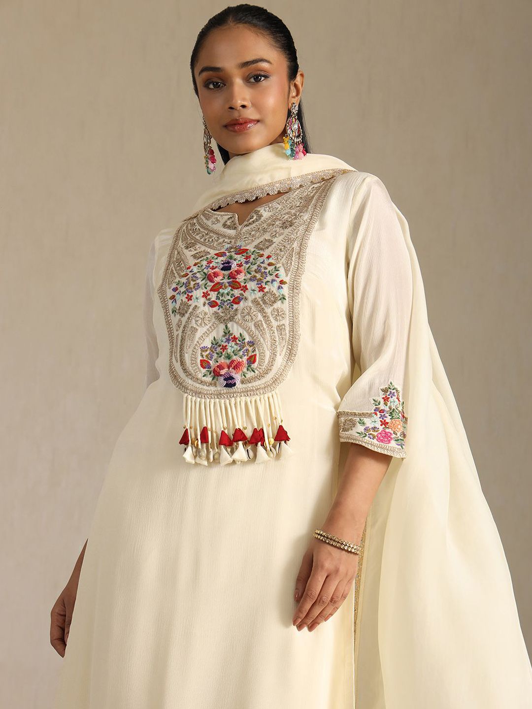 Dhiyona SO Women's Women Ethnic Motifs Embroidered Regular Thread Work Kurta with Palazzos & With Dupatta
