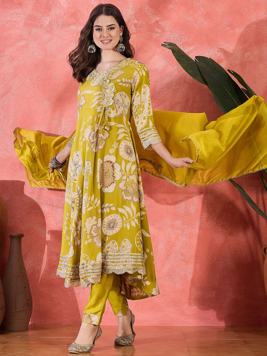 Dhiyona SN Women's Floral Printed With Embroidered Angrakha Kurta With Trousers & Dupatta
