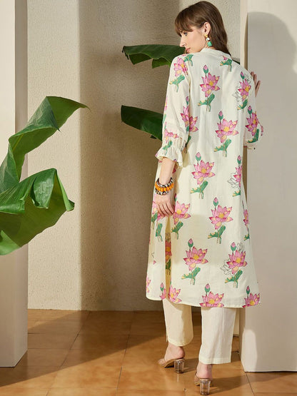 Dhiyona IE Printed Mandarin Collar Pure Cotton Tunic With Trouser