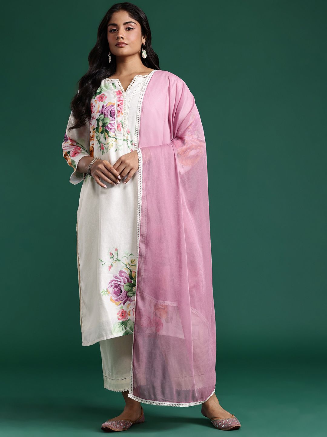 Floral Print Beads & Stones Kurta with Trousers & Dupatta