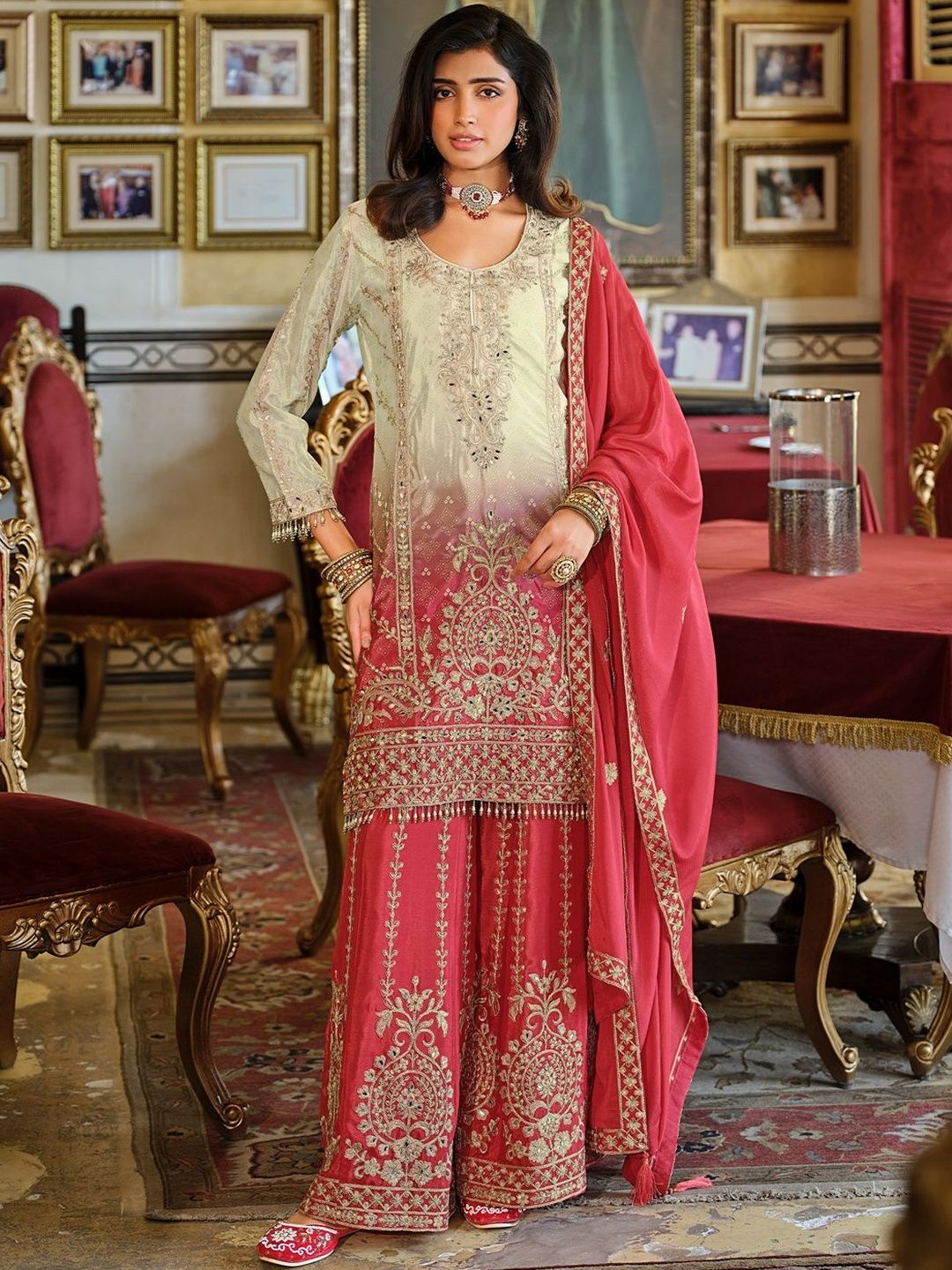 Dhiyona IE Ethnic Motifs Embroidered Round Neck Straight Kurta With Sharara & Dupatta
