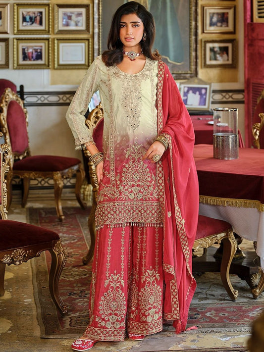 Dhiyona IE Ethnic Motifs Embroidered Round Neck Straight Kurta With Sharara & Dupatta