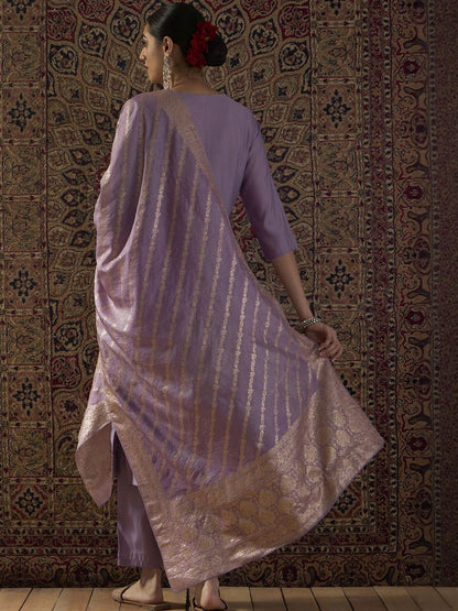 Ethnic Motifs Embroidered Thread Work Straight Kurta With Trousers & Dupatta