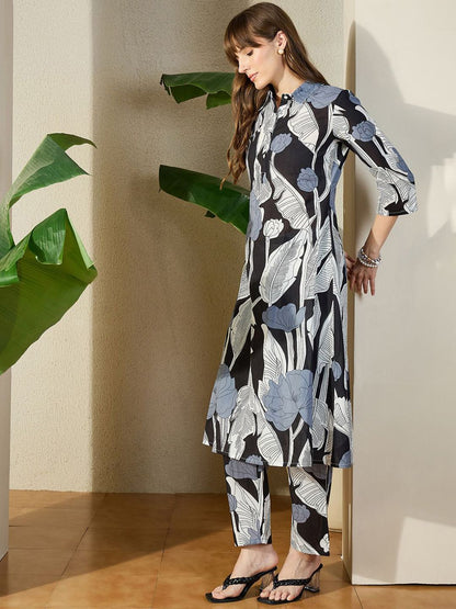 Dhiyona IE Floral Floral Printed Pure Cotton Shirt Collar Tunic With Trousers