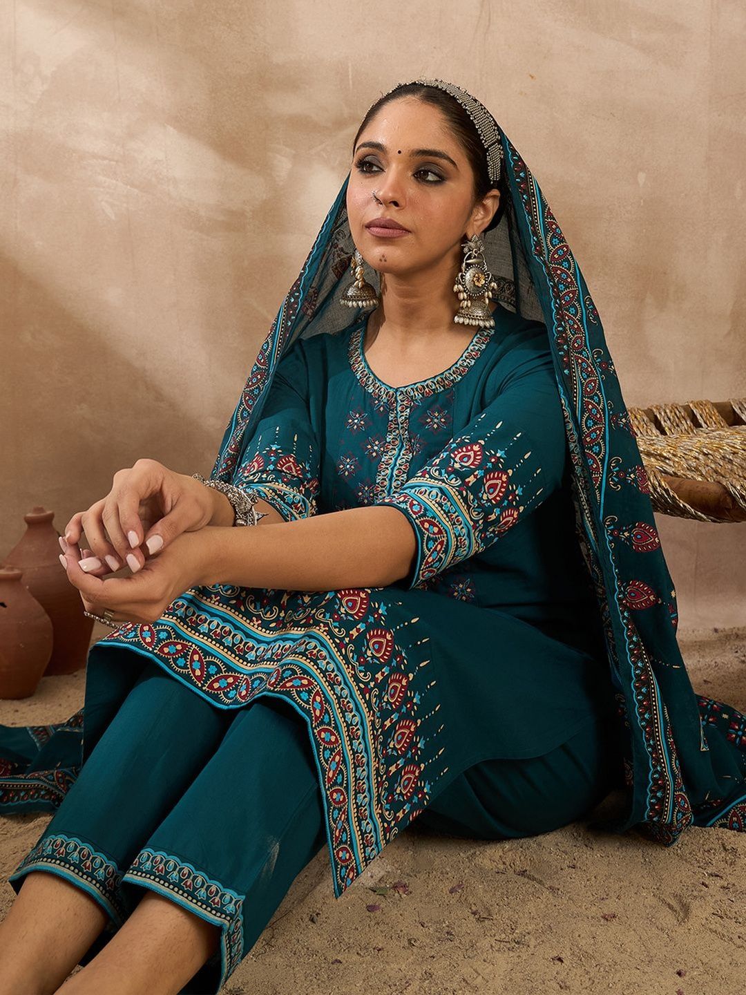 Women Ethnic Motifs Printed Regular Pure Cotton Kurta with Trousers & Dupatta