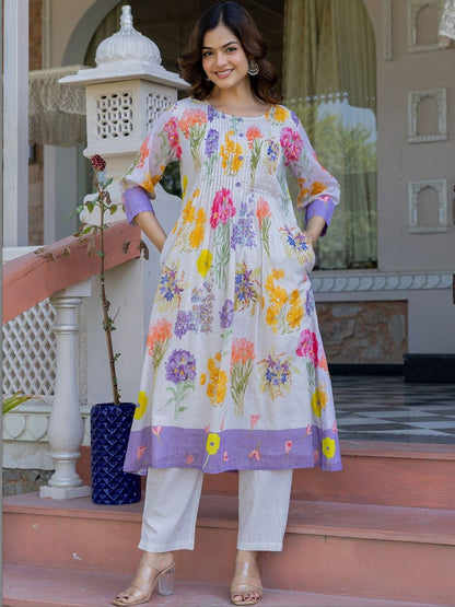 Women Floral Printed Pleated Pure Cotton Kurta with Trousers