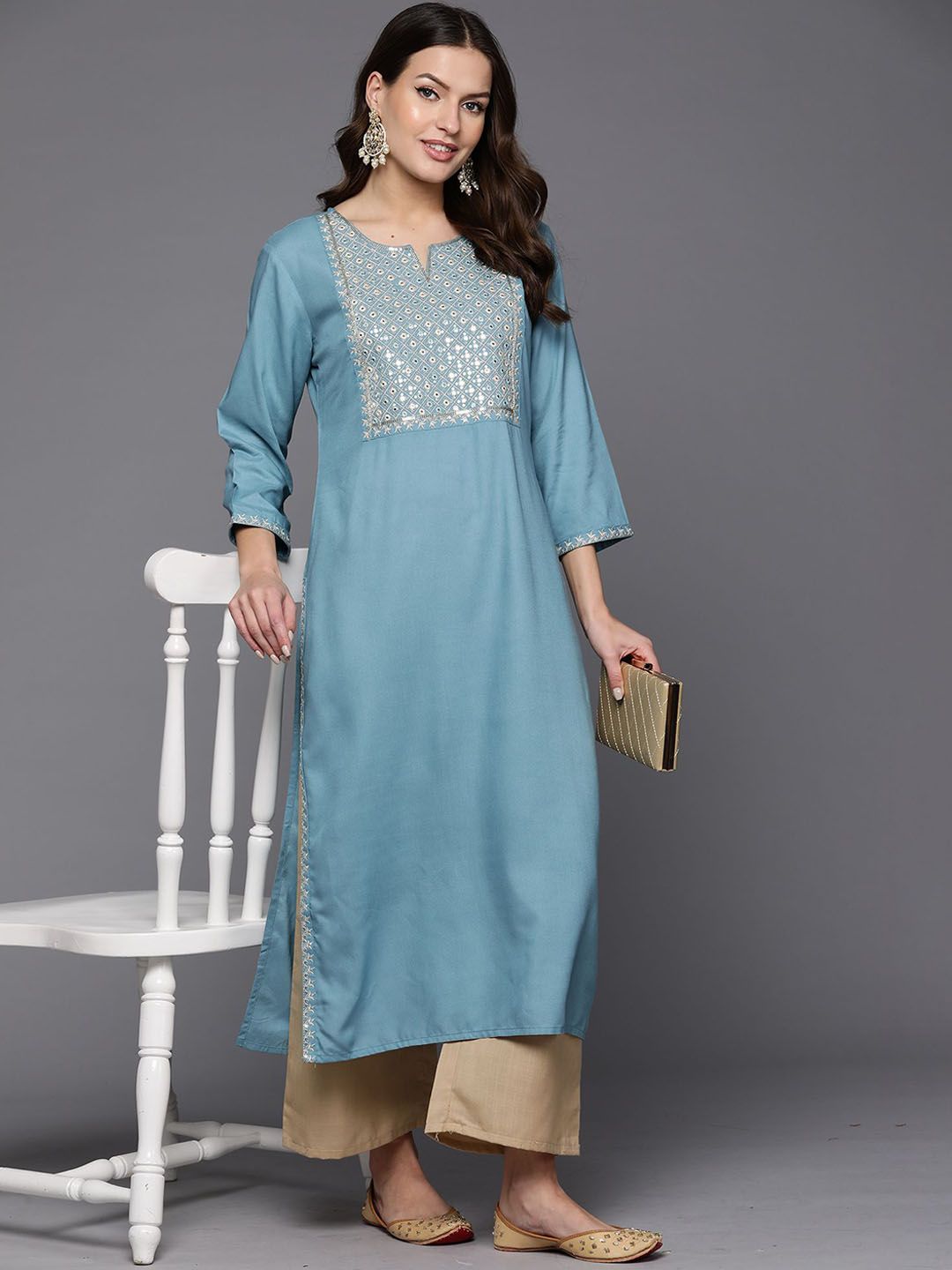 Dhiyona IE Blue Notch Neck Embroidered Mirror Work Straight Kurta