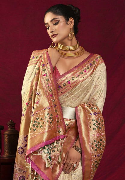 Women Paithani Bansi Cream Saree With Unstiched Blouse