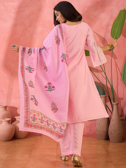 Dhiyona SN Women's Pink Floral Embroidered V-Neck Sequinned Straight Kurta With Trousers And Dupatta