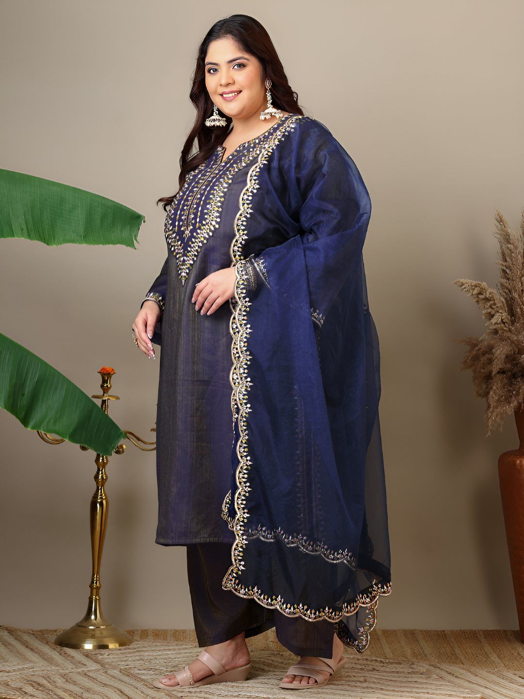 Dhiyona IN Ethnic Motifs Thread Work Straight Kurta With Palazzos & Dupatta