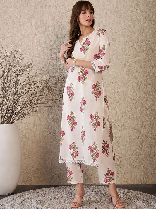 Dhiyona IE Floral Printed Pure Cotton Notch Neck Straight Tunic And Trousers