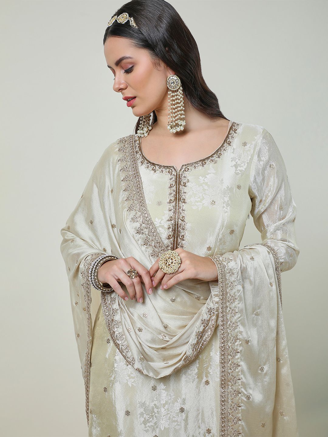 Dhiyona SO Women's Cream Floral Embroidered Notch Neck Zari Straight Kurta With Sharara & Dupatta