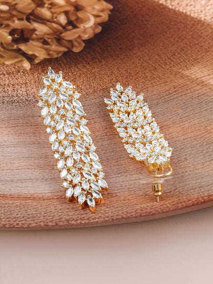 Dhiyona RJ Women's 22K Gold-Plated White Cubic Zirconia Studded Leaf Design Drop Earrings