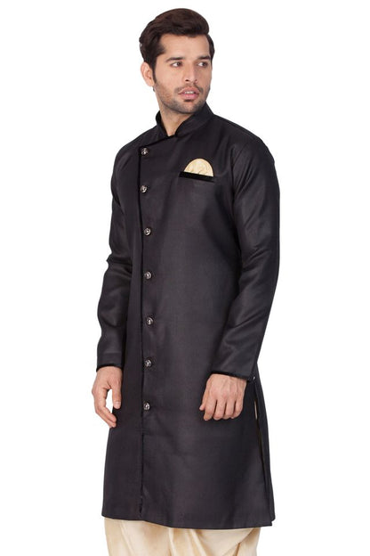 Men's Black Cotton Blend Regular Sherwani Set