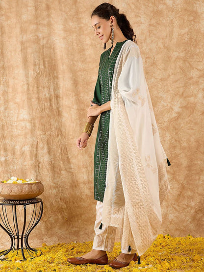 Ethnic Motifs Embroidered Straight Sequinned Kurta with Trousers & Dupatta
