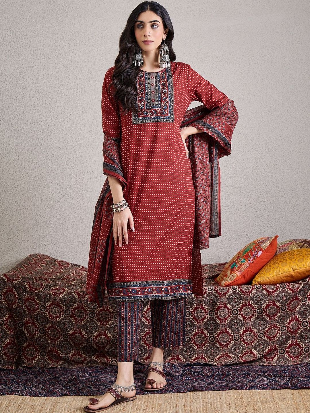 Women Ethnic Motifs Printed Regular Mirror Work Pure Cotton Kurta with Trousers & With Dupatta