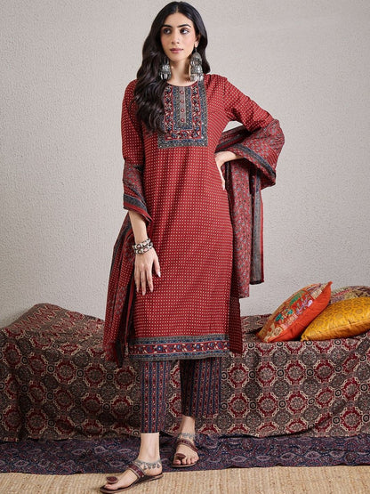 Women Ethnic Motifs Printed Regular Mirror Work Pure Cotton Kurta with Trousers & With Dupatta
