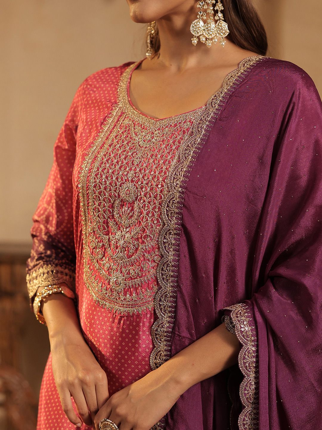 Bandhani Printed Straight Sequinned Kurta With Trousers & Dupatta