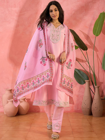Dhiyona SN Women's Pink Floral Embroidered V-Neck Sequinned Straight Kurta With Trousers And Dupatta