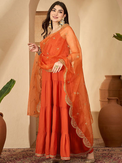 Dhiyona SN Women's Shoulder Straps Floor Length Kurta with Trousers & Embroidered Dupatta Set