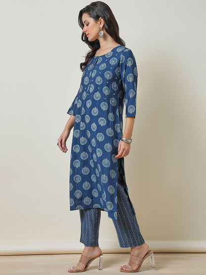 Dhiyona SO Women's Blue Ethnic Motifs Embroidered Round Neck Straight Mirror Work Kurta With Trousers
