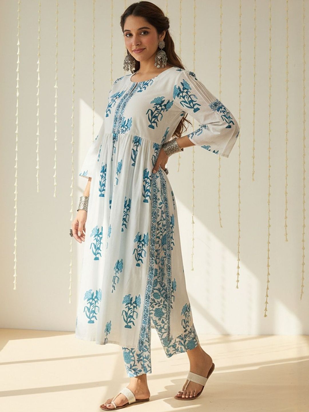 Floral Printed Empire V-Neck Pure Cotton A-Line Kurta with Trousers