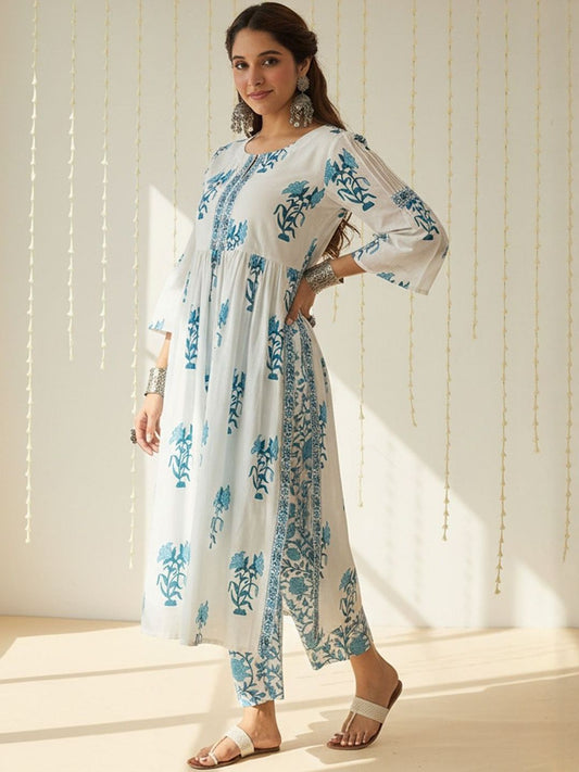 Floral Printed Empire V-Neck Pure Cotton A-Line Kurta with Trousers