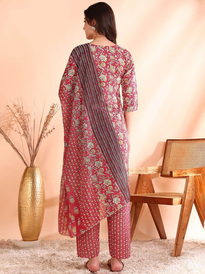 Dhiyona OD  Printed Mirror Work Pure Cotton Kurta With Trousers & Dupatta