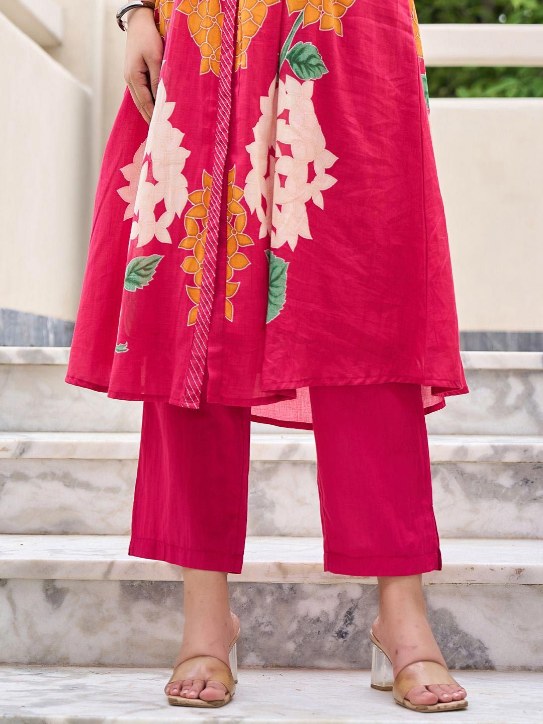 Floral Printed Mandarin Collar Pleated Pure Cotton A-Line Kurta With Trousers