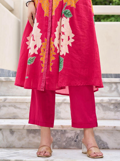 Floral Printed Mandarin Collar Pleated Pure Cotton A-Line Kurta With Trousers