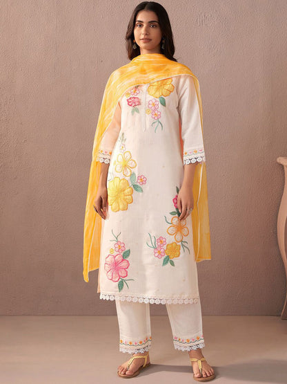 Women Floral Embroidered Regular Thread Work Kurta with Trousers & With Dupatta