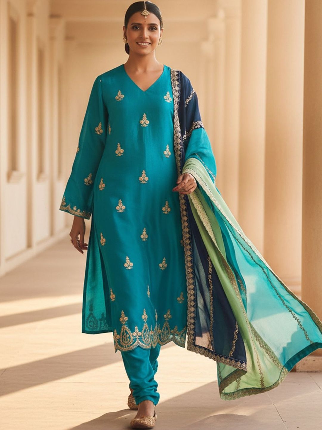 Floral Embroidered V-Neck Thread Work Straight Kurta With Churidar & Dupatta