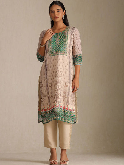 Dhiyona SO Women's Floral Printed Round Neck Sequinned Linen Straight Kurta With Trousers & Dupatta